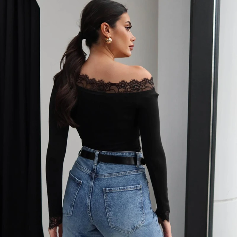 Women's One-Shoulder Lace Slim Long Sleeve T-Shirt Top