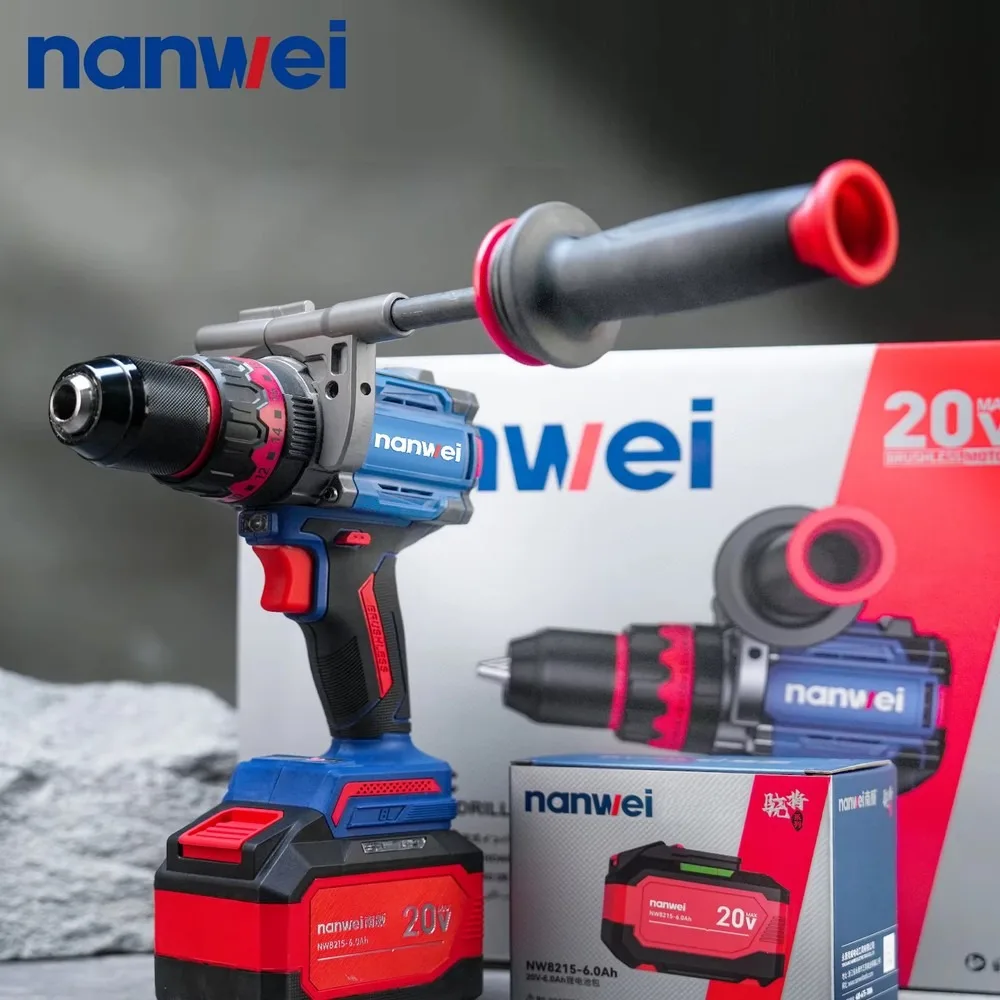 NANWEI Brushless Impact Drill Cordless Electric Drill 0-1750 RPM with Keyless Metallic Chuck Power Tool for Home DIY