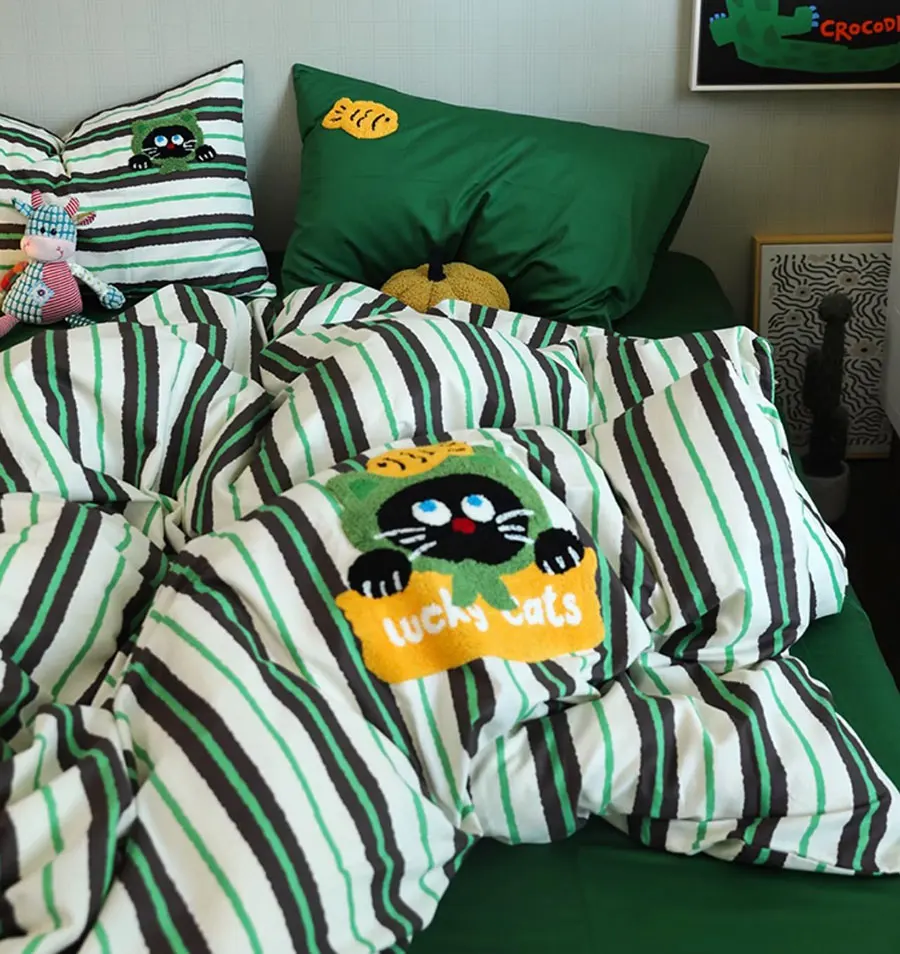 Fashion brief embroidery cat fish green stripe bedding set,twin full queen cotton home textile bed sheet pillow case quilt cover