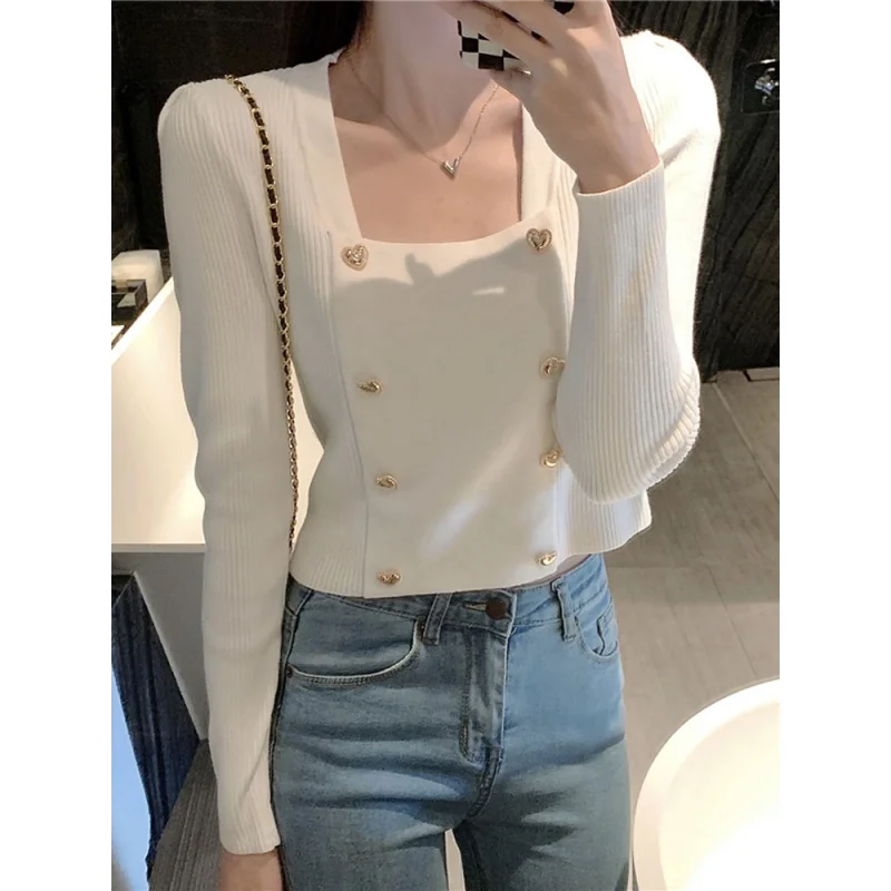 

Autumn and Winter New Women's Korean-Style Square Collar Long Sleeve Love Double-Breasted Sweater Women's White T-shirt