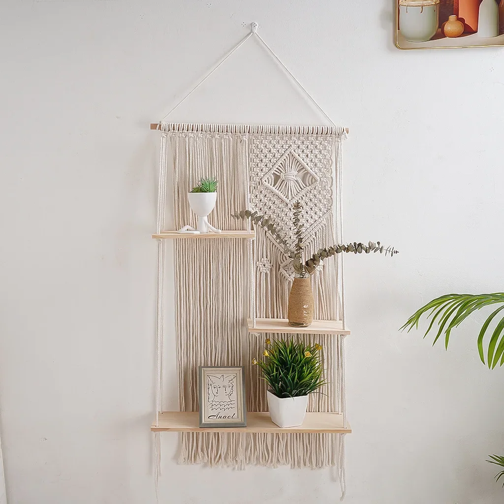 Boho Macrame Wall Hanging Shelf 3 Tier Handmade Woven Wood Organizer Shelves Wall Floating Plant Hanger for Home Decor