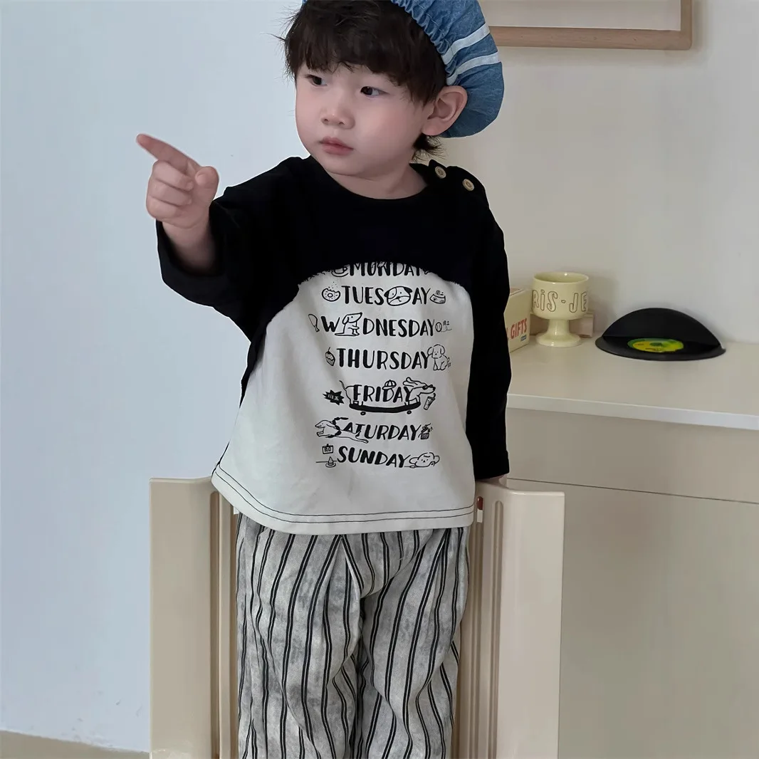 Boys Loose Letter Print Splicing Tees Versatile Toddler Clothes 2025 Spring New Baby Long Sleeve T Shirts Cotton Casual Tops