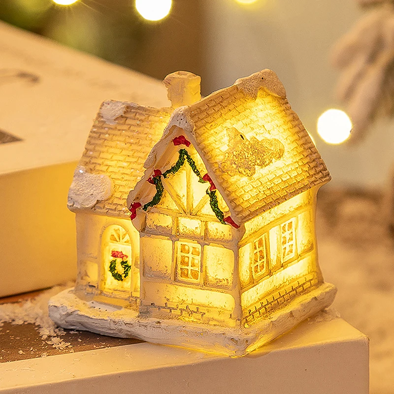DIY Christmas Lights Decorations Resin Small House Lights Village House Doll Cartoon Table Decorations Holiday Gift Cute