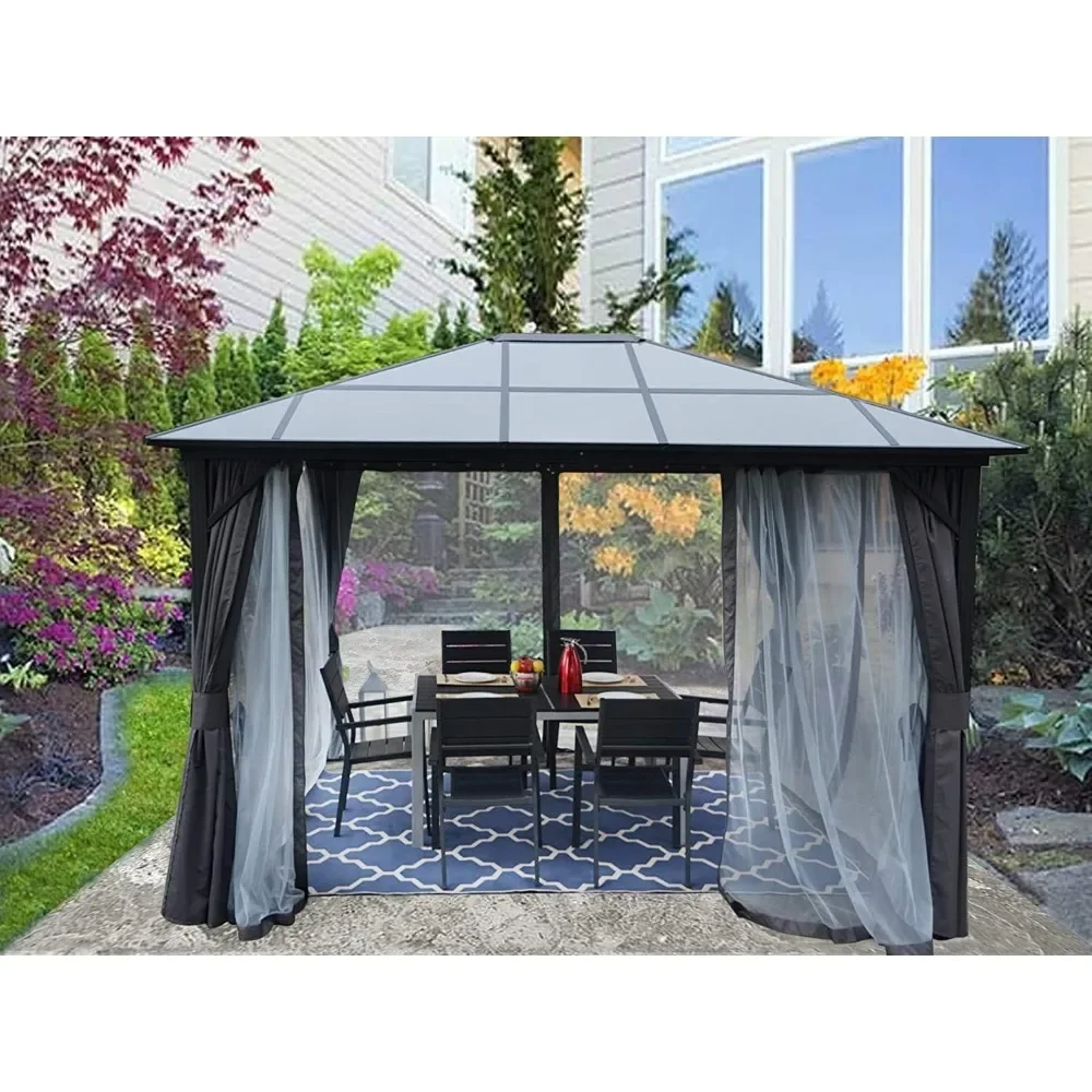 

10ftx12ft Hardtop Gazebo, Composite Polycarbonate Top for Outdoor Patio Lawn and Garden, Curtains and Netting Included, Pergolas