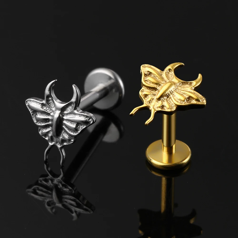 Twolobes 1PC ASTM F136 Titanium Flat Back Celestial Moon Moth Internal Thread Labret Stud Conch Tragus Cartilage Piercing Gothic