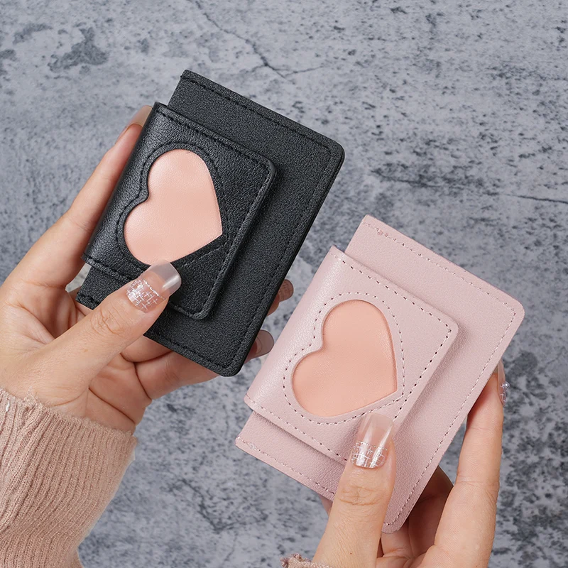 Women's small heart card bag button folding mini card sleeve