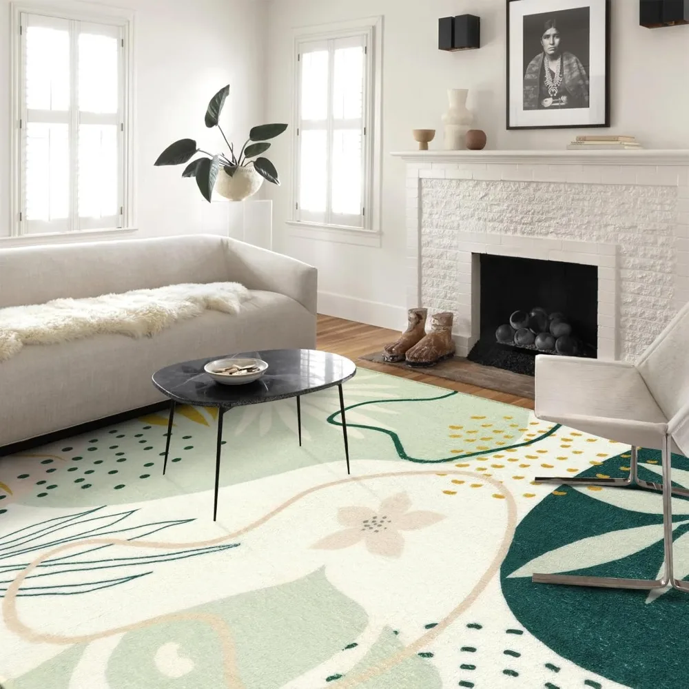 Large 10x14 Lahome Green Rug - Washable, Non-Slip, Stain Resistant for Living & Dining Rooms