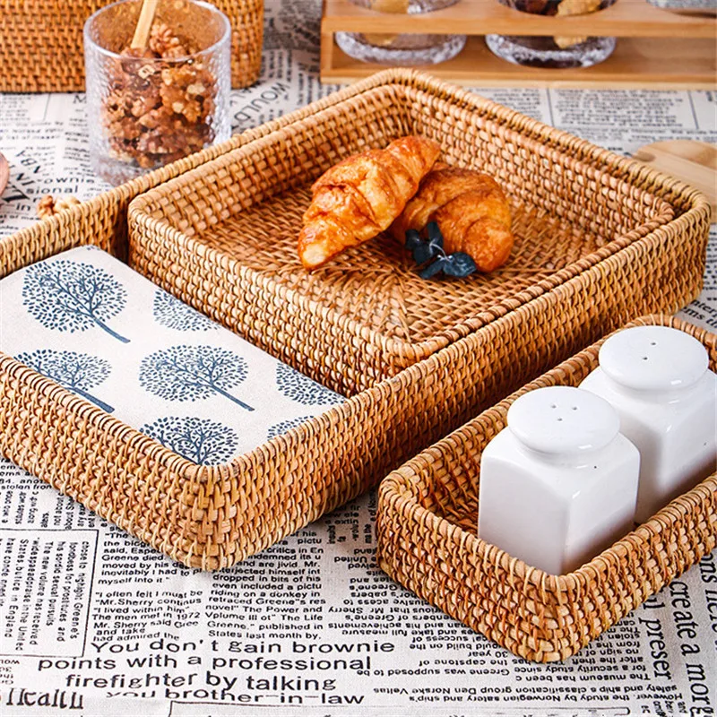 Hand-Woven Storage Basket Rattan Storage Tray Wicker Baskets Bread Fruit Food Breakfast Display Box Handicrafts Home Decoration