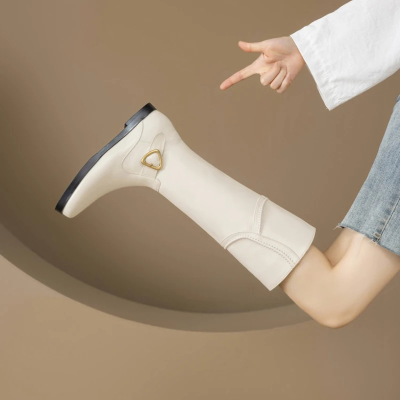 

Women's new leather, cowhide, metal belt buckle, low heel, plus size round toe and knee fashion boots, high top long boots