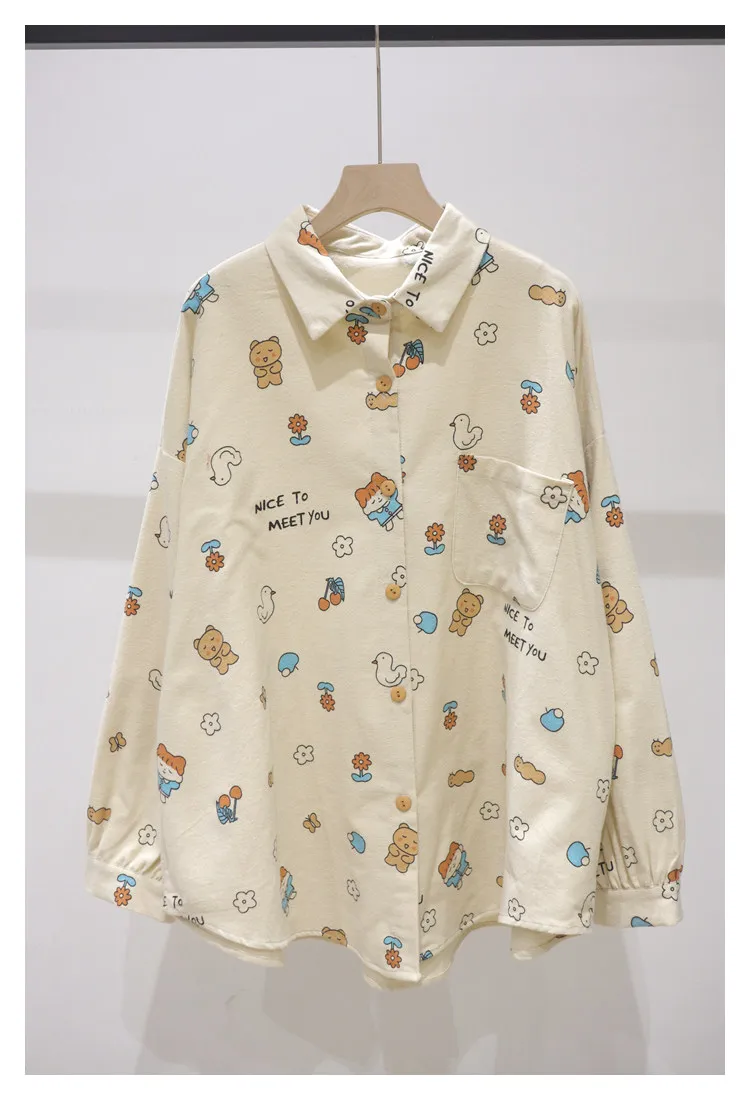 Brushed Cotton Comfortable Cute Full Body Cartoon Printed Women's Shirt Autumn Winter Loose Mid-Length Long Sleeve Blouse Female