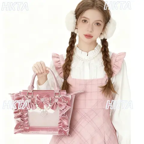 Stylish Elegant Velvet Pearl Bow Rhinestone Pleated Pain Bag Winter New Gorgeous Sweet Lace Handheld Baby Bags Backpacks Women