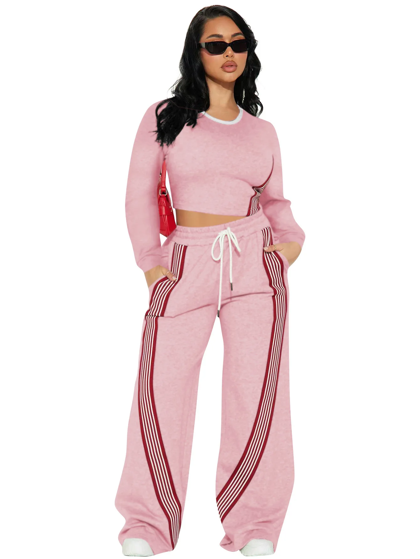 ชุดเซ็ทเสื้อยืดแขนยาวลำลองแฟชั่นผู้หญิงและกางเกงกีฬาลายทาง ชุดวอร์มสองชิ้น ฤดูใบไม้ร่วง ฤดูหนาว 2025