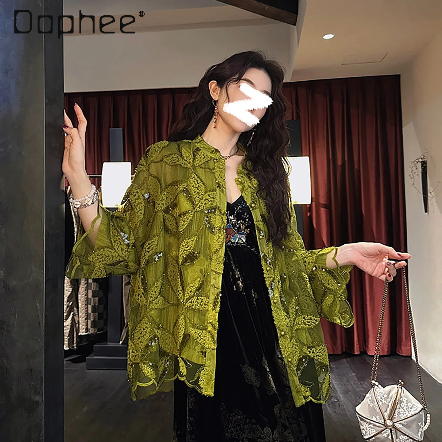 

Spring Summer Fashion High-end Celebrity Shirt New Chinese Three-dimensional Cut Flower Mesh Embroidered Lace Round Neck Shirts