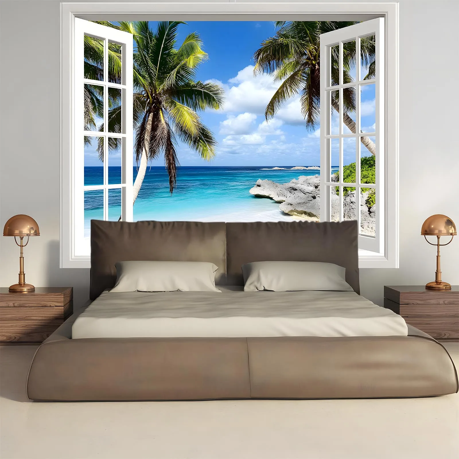 1 tropical beach landscape wall sticker background - easy to hang polyester banner with palm trees and ocean scenes view 4