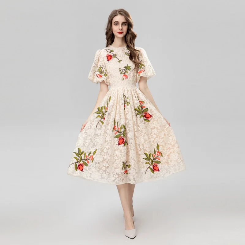 Hot Selling Autumn Fashion Elegant Women's dress Puff Sleeve Lace Embroidered Holiday Casual Slim Trending Dresses