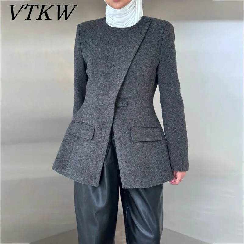 

VTKW Women's Spring 2025 Gray L Button Blazer Tailored Slim Long Sleeve Formal Office Outerwear Pockets Elegant Ladies