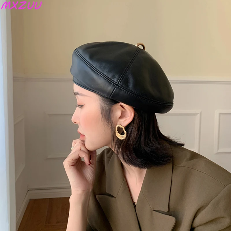 Ladies Genuine Leather Top Hats Exquisite Berets Femme Sheepskin Light Luxury Retro Khaki/Brown Cap Showing Small Face Headdress