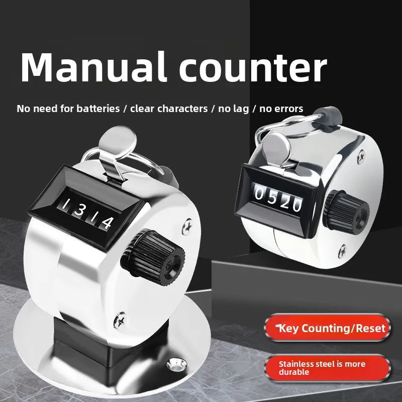 Silver Stainless‑Steel Hand‑Press Tally Counter, Metal Manual Clicker People‑Flow Visitor Passenger Counting