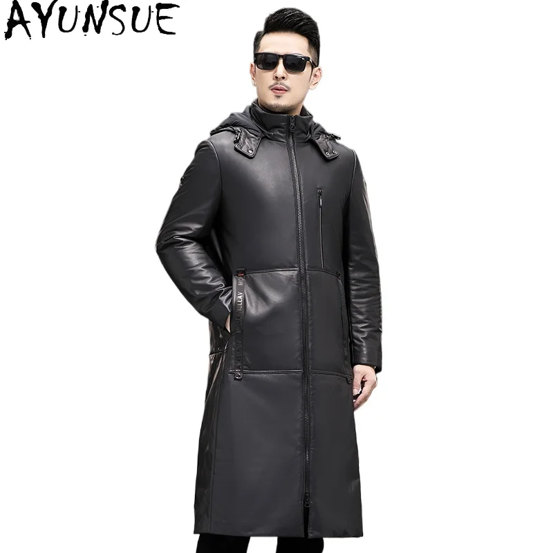 

AYUNSUE Genuine Sheepskin Jacket Man Leather Goose Down Coat Warm High Quality Real Leather Long Puffer Jackets Detachable Hood