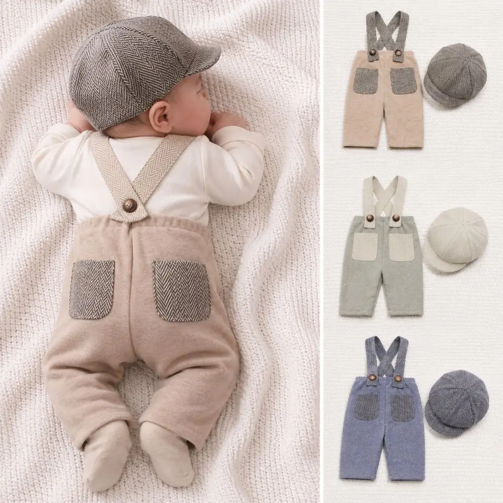 Cute Soft Newborn Photography Outfit Suspender Romper Newsboy Hat Gentleman Suit Set Romper Set Photo Shoot