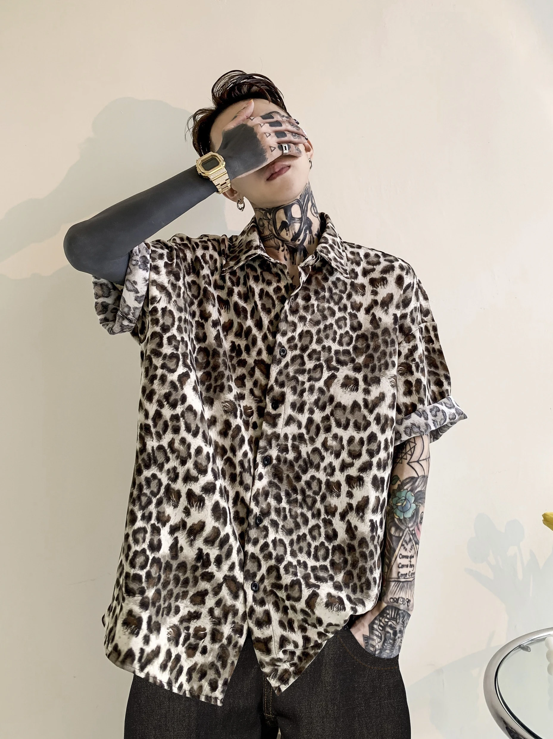 

Men's Loose Fit ort Sve irt Leopard Print Casual Artistic Sle Polyester Spring Autumn Winter Button up Long Sve