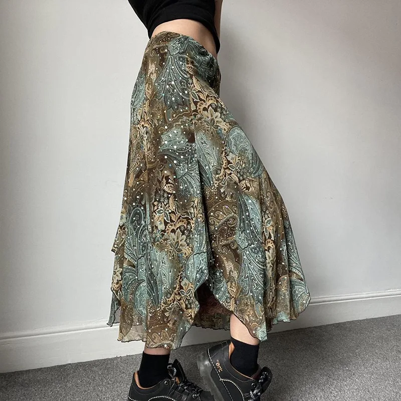 Vestidos femininos saia irregular estampada à base de plantas americanas com design de camadas de nicho pendurado saia longa de renda evasê