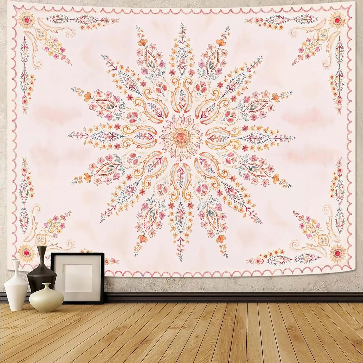 Boho Floral Mandala Tapestry for Bedroom Aesthetic Pink Bohemian Flower Wall Tapestry Watercolor Hippie Indian Small Tapestries