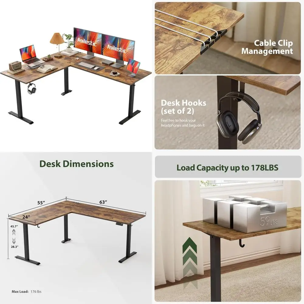 

Electric Adjustable Height L-Shaped Desk, 63 x 55 Sit-Stand Computer Desk with Rustic Brown Finish