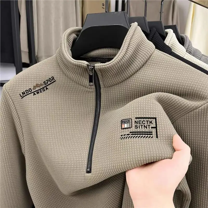 Men's Zip-Up Hoodie Spring Autumn Pure Color Casual Outerwear American Retro Style Half Zip Stand Collar Polyester Fiber