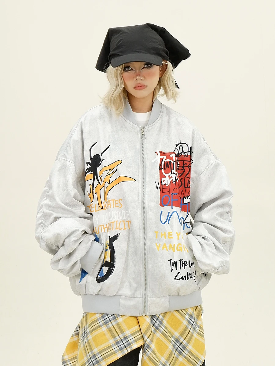 

Fun Creative Graffiti Coat Women's 2024 Autumn New Loose Bf Street Hip Hop Jackets