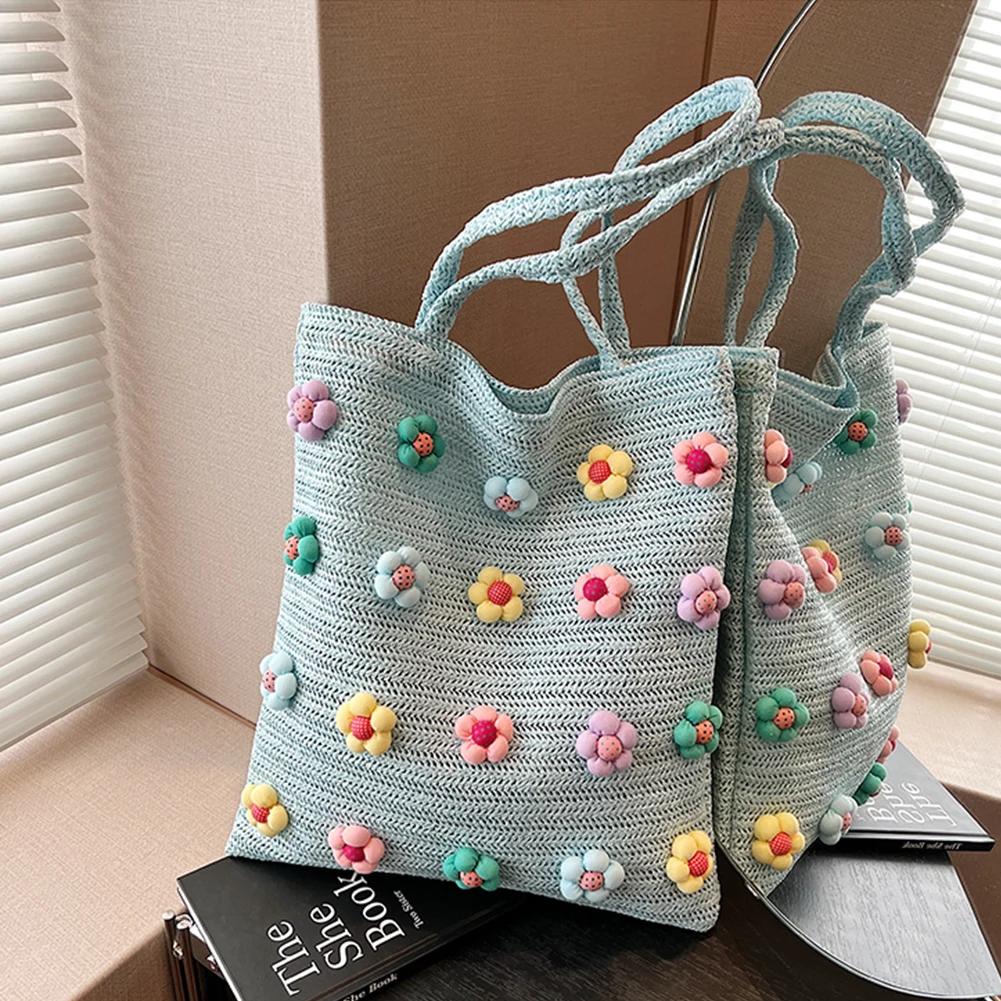 Handwoven Women Shopping Bag Sweet Flower Fashion Knitting Shoulder Bags Large Capacity Beach Travel Underarm Bag Casual Handbag