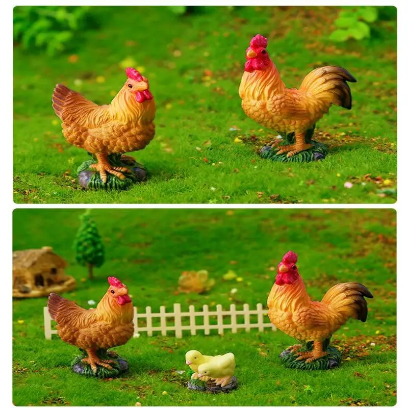 Mini Farm Animal Ornaments 3 PCS Lifelike Rooster Hen Chick Figurines Waterproof Garden Miniatures for Outdoor Yard