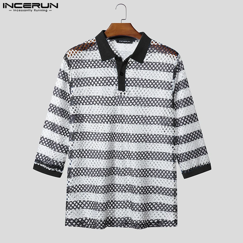 

INCERUN Мужская рубашка в полоску в стиле пэчворк с прозрачными лацканами и половиной рукава, мужские рубашки с вырезами, уличная одежда, топы, модная мужская одежда