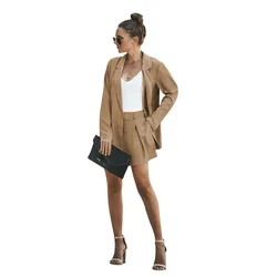 Monochrome Turn Down Collar Small Suit for Women, Long-sleeved, Casual Shorts, Simplicity Fashion, Spring and Summer Sets