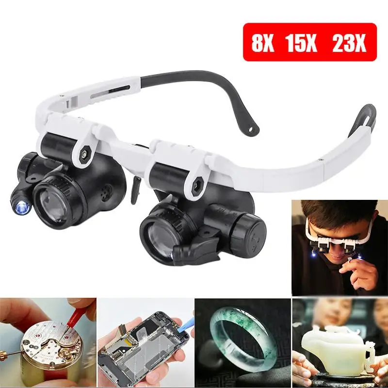 【Magnifying Glass 8X/15X/23X Jeweler Watchmaker With LED Light Telescopic Headband Magnifier Glasses Reading Loupes Eyewear】