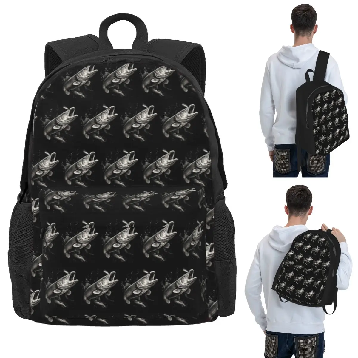 Fishing Lover Pike Fish Design Student Backpack School Bag Hiking Travel Daypack for Men Women Bookbag Shoulder Bags