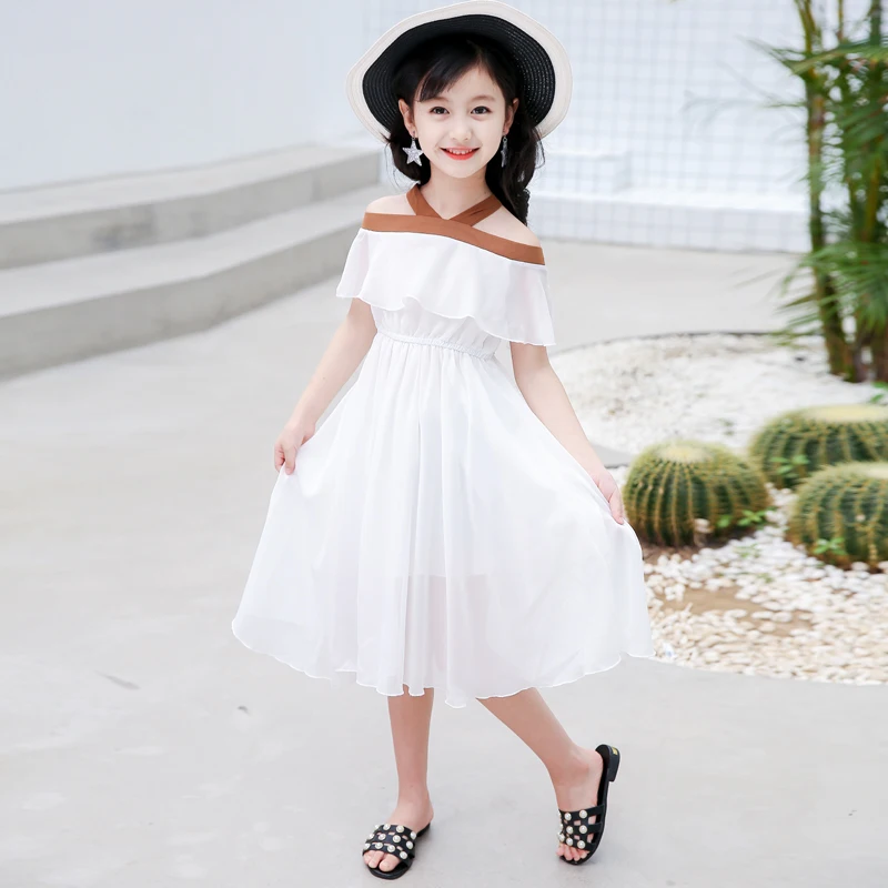 

Summer New One Shoulder Girls Dress 2022 Factory White Children Long Princess Dress Fashion Design Dress Baby Skirt Cheap