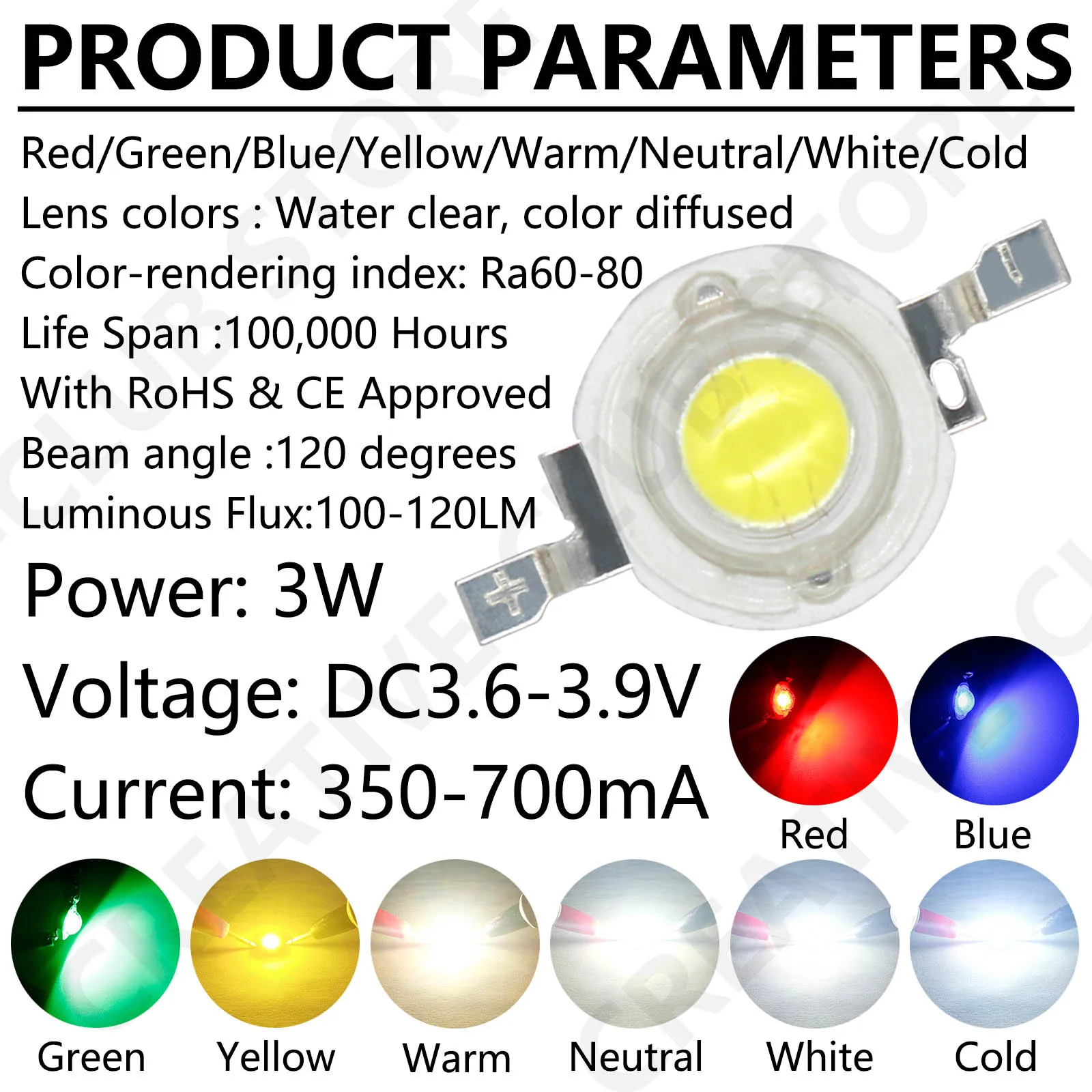 LEDデイライトダイオードチップ,3W,100個,白色,暖かい自然,冷たい,赤,緑,青,黄色,ダウンライト電球