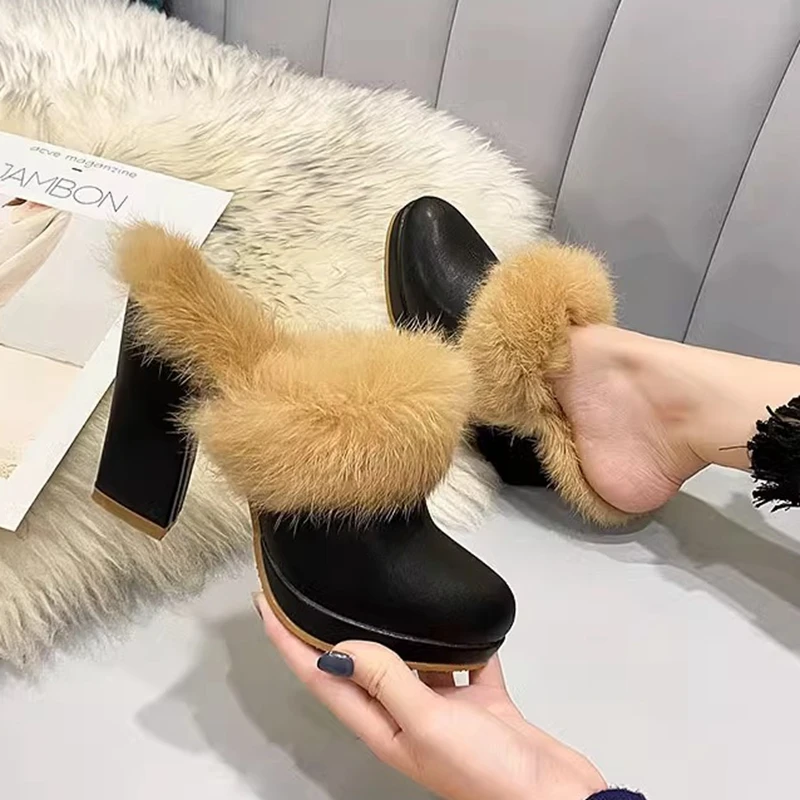 Baotou Fur High Heel Slippers New Winter Luxury Design Rabbit Hair Fashion Thick Heel Waterproof Platform Heel Shoes Female