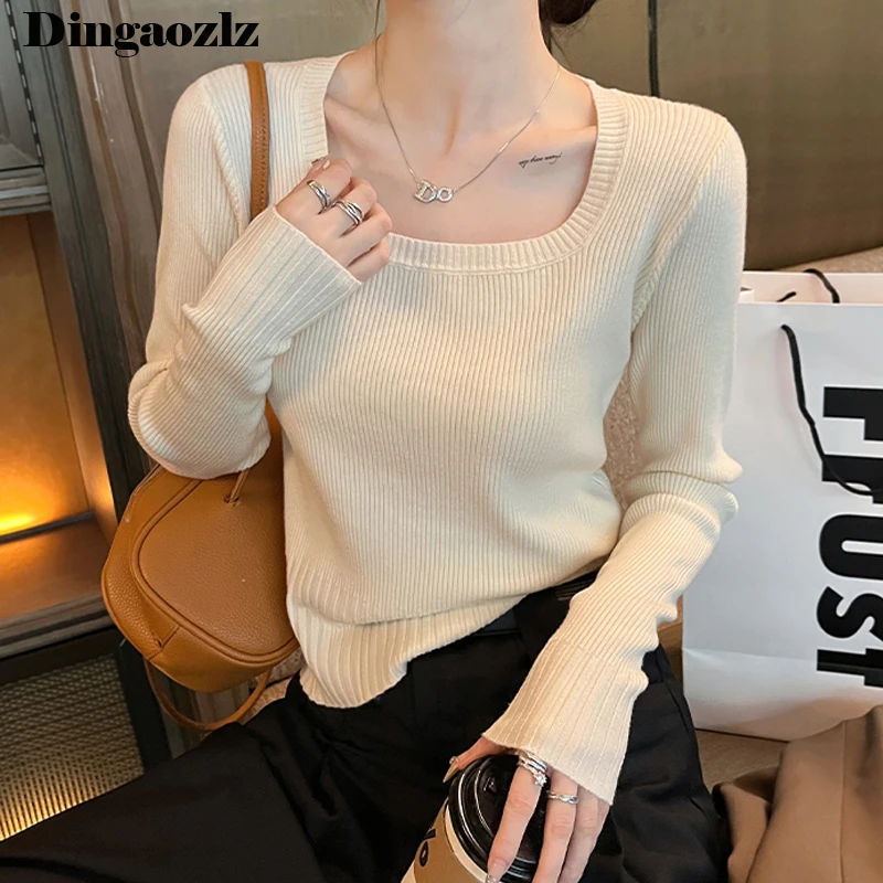 

Spring Autumn Thin Knitted SweaterSlim fit Short Pullovers Shirt Square Collar Solid Color Women Long Sleeve Knitwear