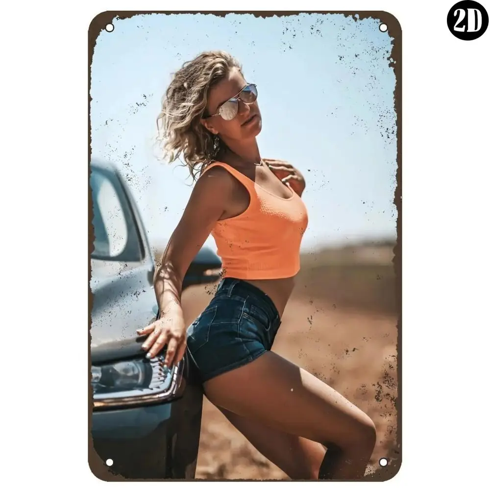 Vintage 2D Metal Tin Sign - Gorgeous Blonde in Orange Crop Tank Top & Denim Shorts by Car Wall Decor, Ideal Gift for Bar, Cafe