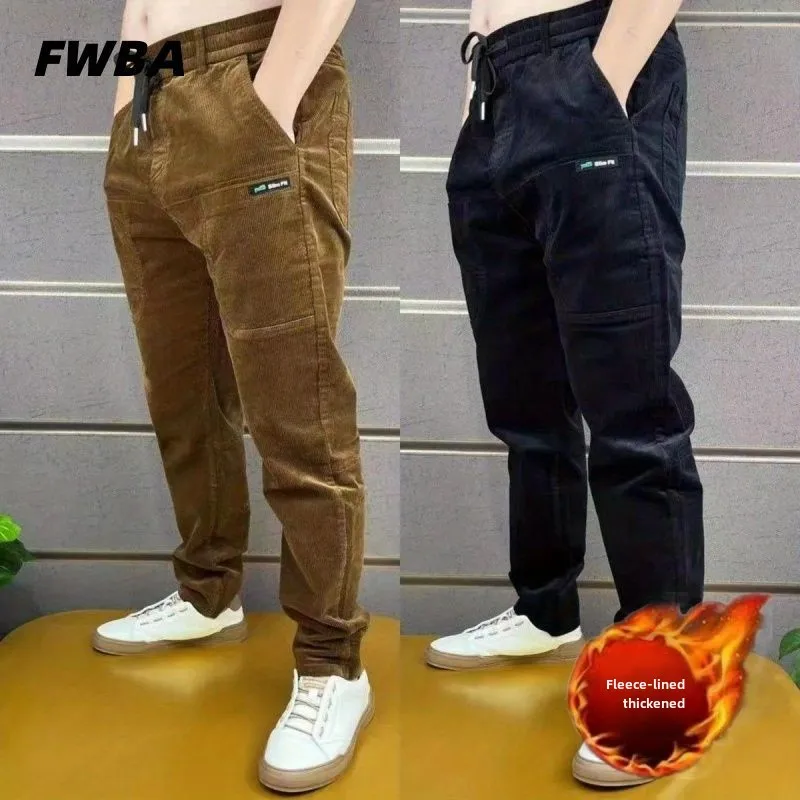 Pantalones informales de alta calidad para hombre, pantalón de pana con seis bolsillos y cintura elástica, nuevo estilo, pantalones cepillados de terciopelo, otoño e invierno, 2024