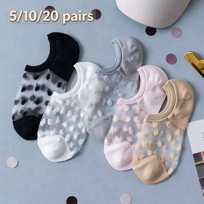 5/10/20 Pairs Women's Sheer Polka Dot Invisible Boat Socks, Ultra Thin Mesh Low Cut Non Slip No Show Socks for Summer,