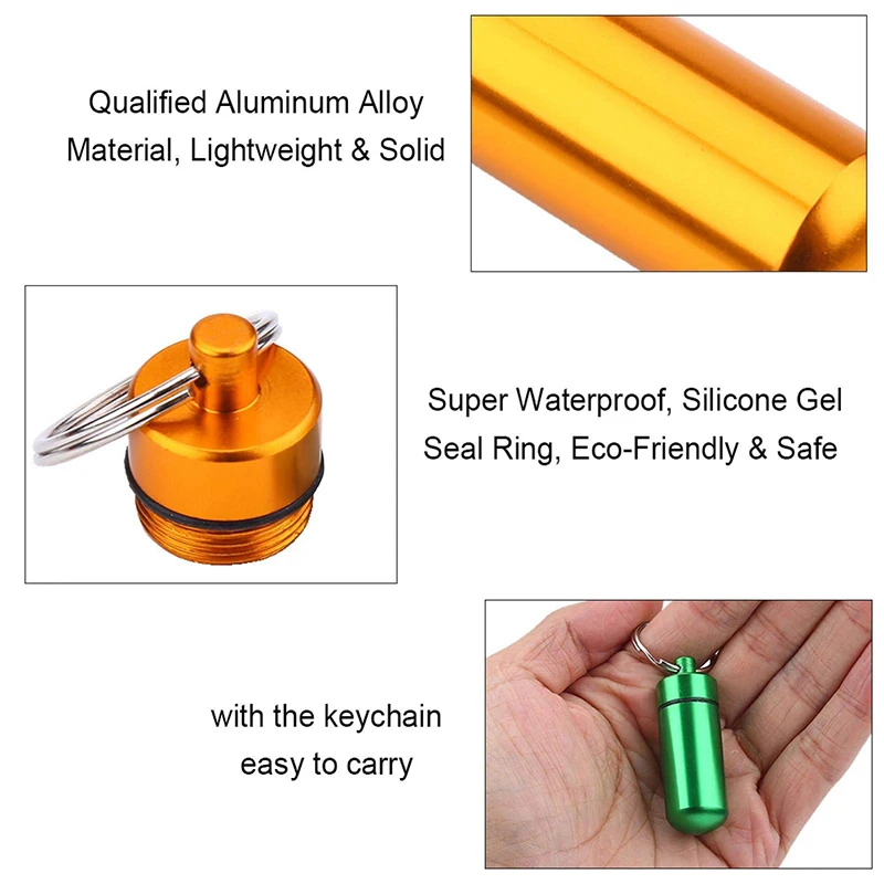 9Pcs Mini Aluminum Pill Box Case Bottle Medicine Tablet Capsules Holder with Keychain for Outdoor Sports Camping Hiking