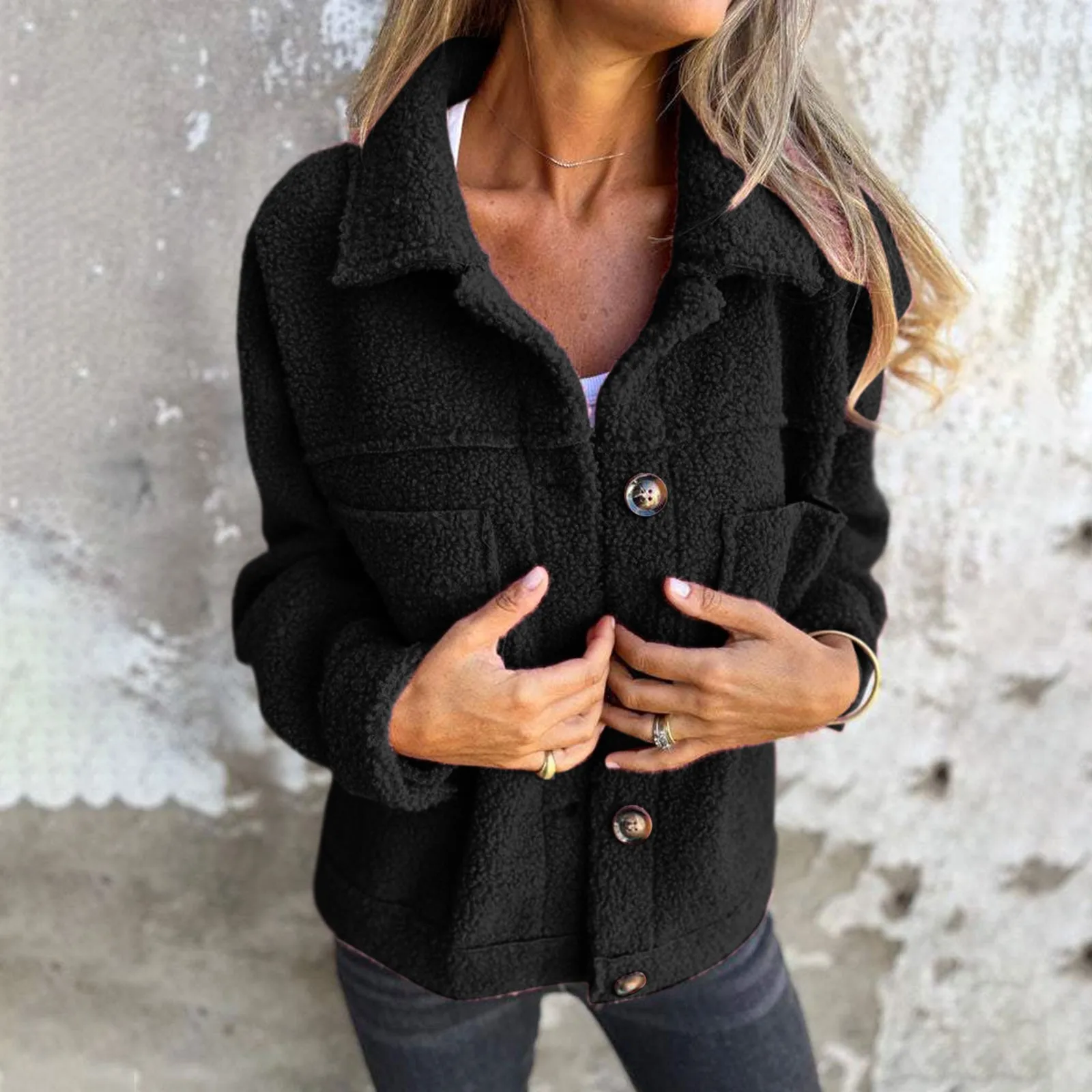 Warm Winter Women Lambswool Jackets Plush Fashion Single Breasted Lapel Shacket Female Vintage Casual Solid Outwear Coats