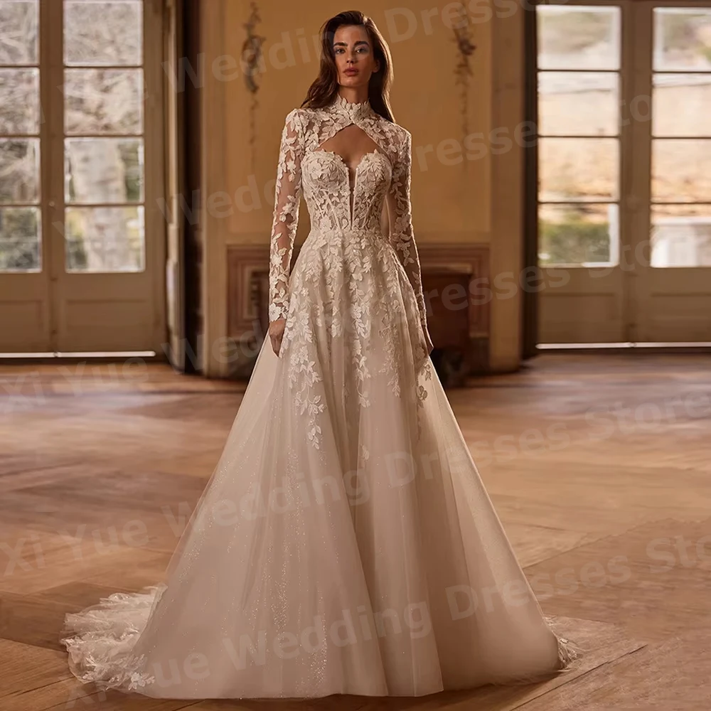 Fascinating A Line Women's Long Sleeved Wedding Dresses Vestido De Novia Lace Appliques Bride Gowns Customized Robe De Mariée