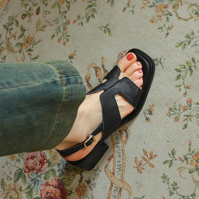 2025new summer women sandals natural leather 22-24.5cm cowhide+sheepskin+pigskin women shoes t-buckle thick heel Gladiator Shoes