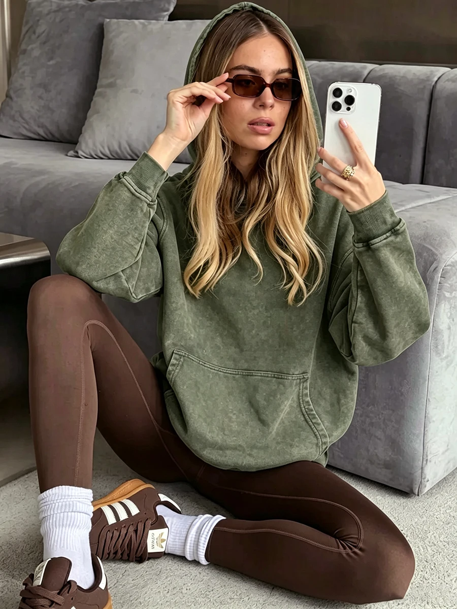 Bornladies Women's Hooded Sweatshirt Retro Long Sleeved Pullover Hooded Sweatshirt Loose Fit Casual Fashion Hooded Sweatshirt