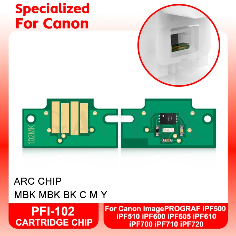 Chip ARC PFI-102 PFI102, Chips de cartucho para Canon imagePROGRAF, iPF500, iPF600, iPF700, iPF510, iPF605, iPF610, iPF710, iPF720, 5 colores