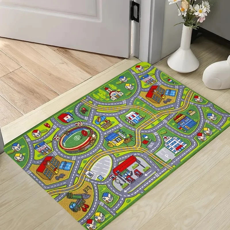 Cartoon City Road Building Play Town Print Doormat Non Slip Soft Play Entry Mat Activity Decor Front Door Bedroom Floor Rug